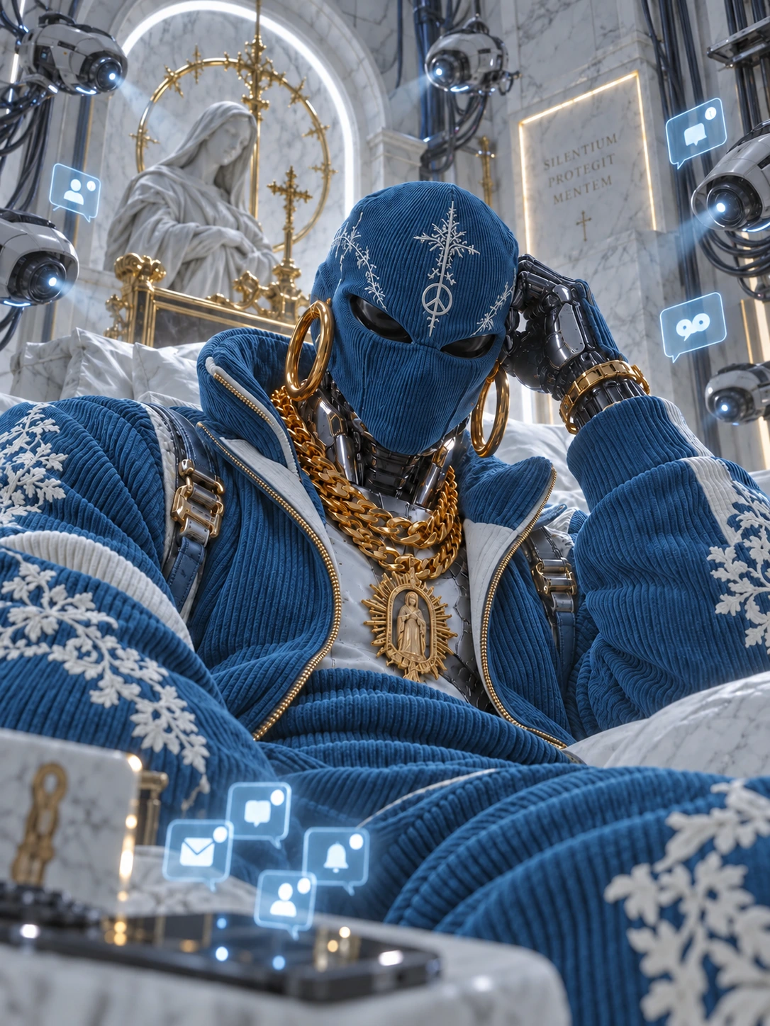 Personaje de ALTARS vestido de azul entre símbolos contemporáneos