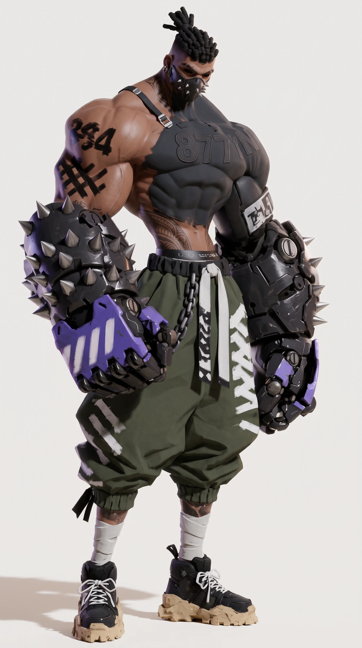 Personaje completo con brazos mecánicos y pantalón verde