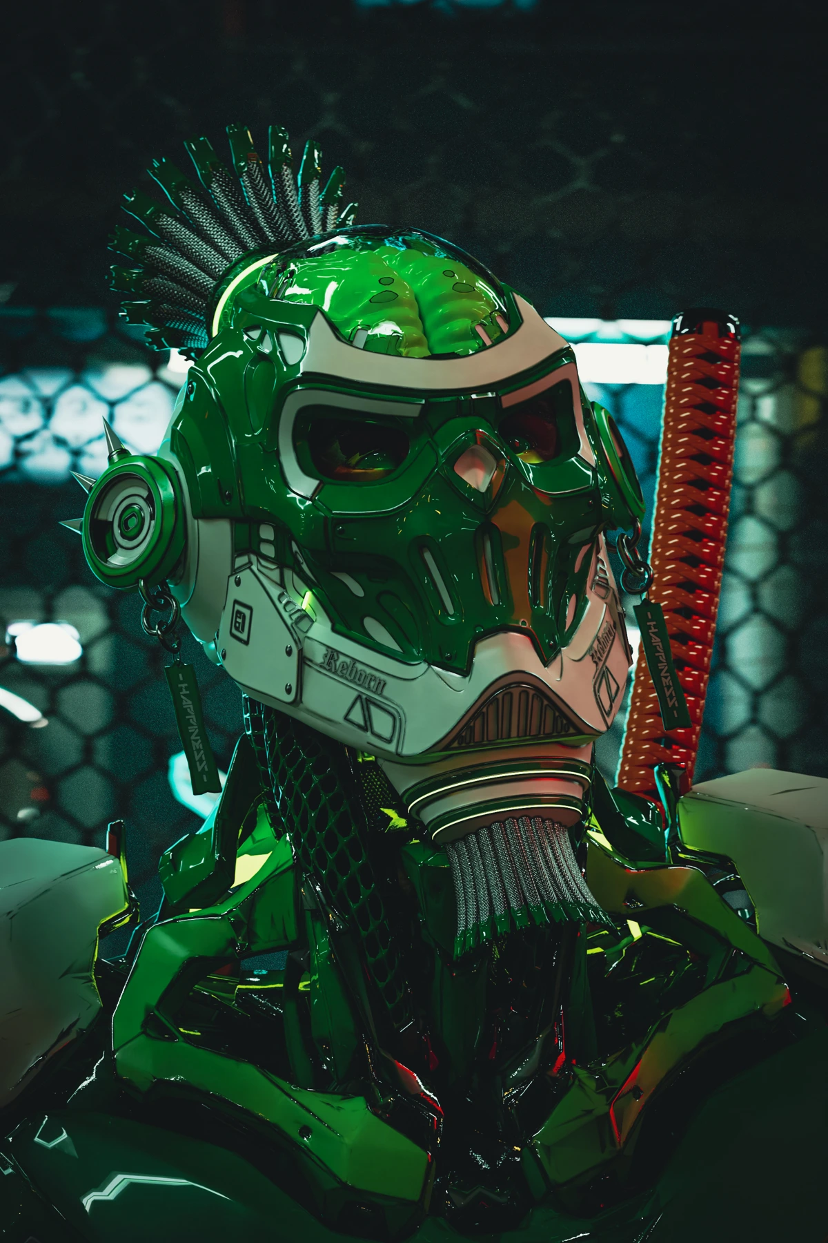 Retrato de personaje con casco verde oscuro