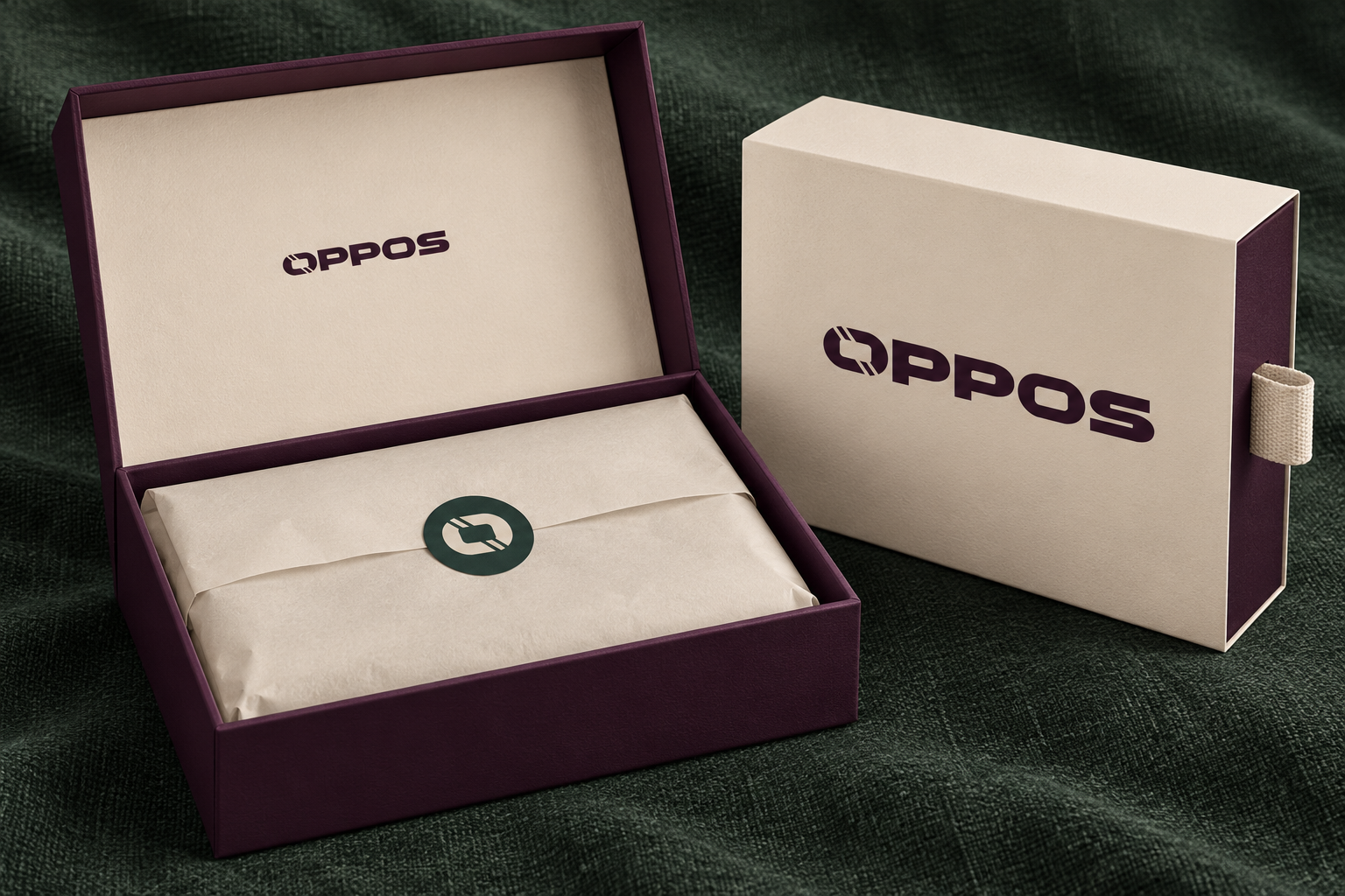 Packaging OPPOS en crema y burdeos
