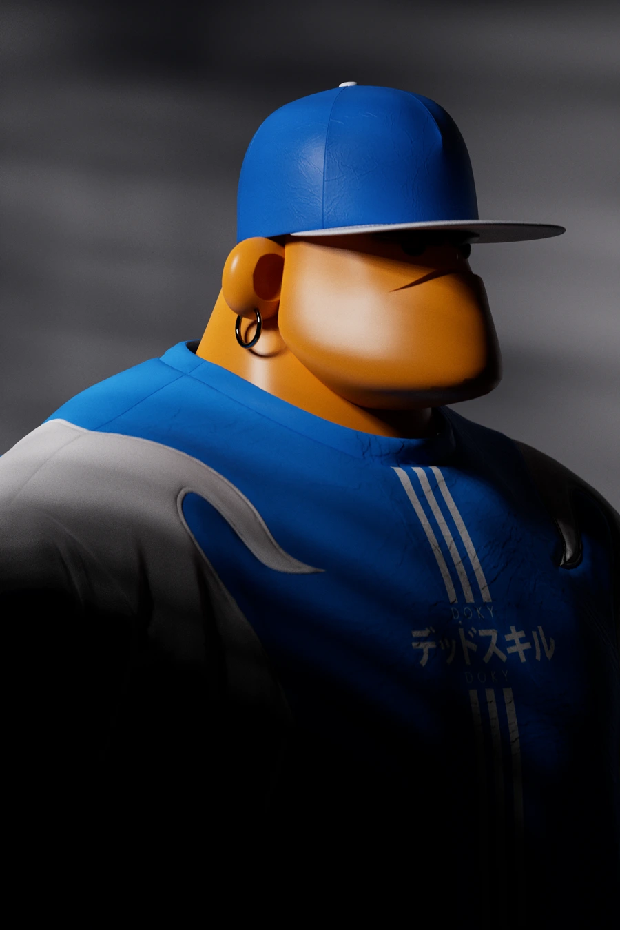 3D character with a blue cap, orange face and sports jacket, lit against a dark background