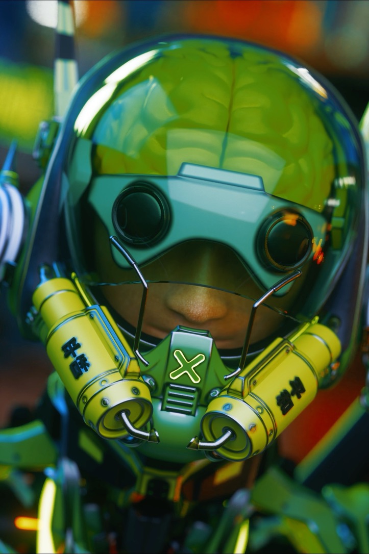 Casco transparente amarillo con iluminación verde