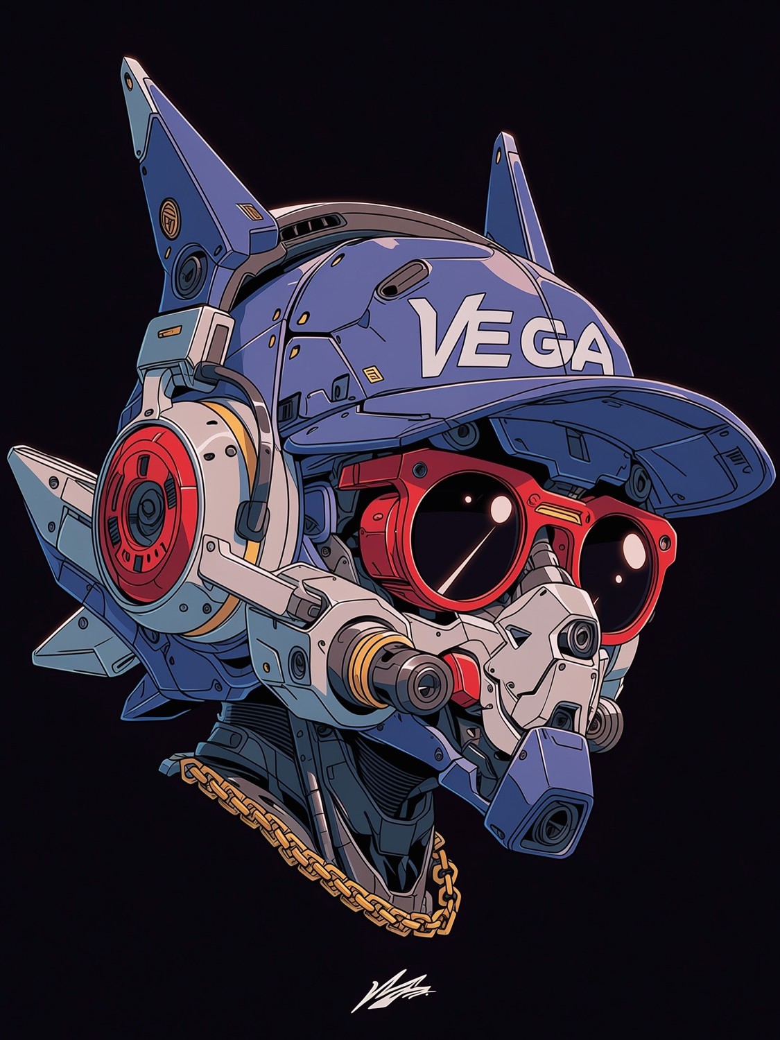 Personaje mecánico azul con gafas rosas