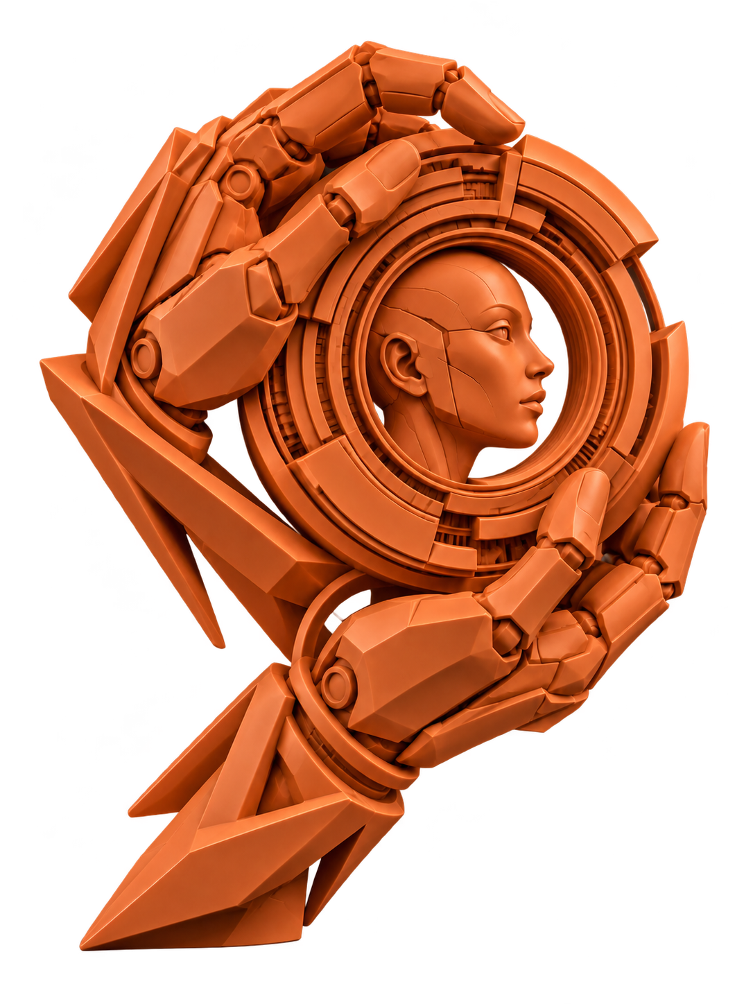 Escultura naranja de manos mecánicas que enmarcan un rostro dentro de una óptica