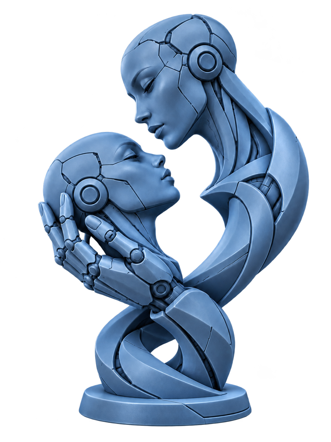 Escultura azul de dos rostros mecánicos que dialogan sostenidos por una mano