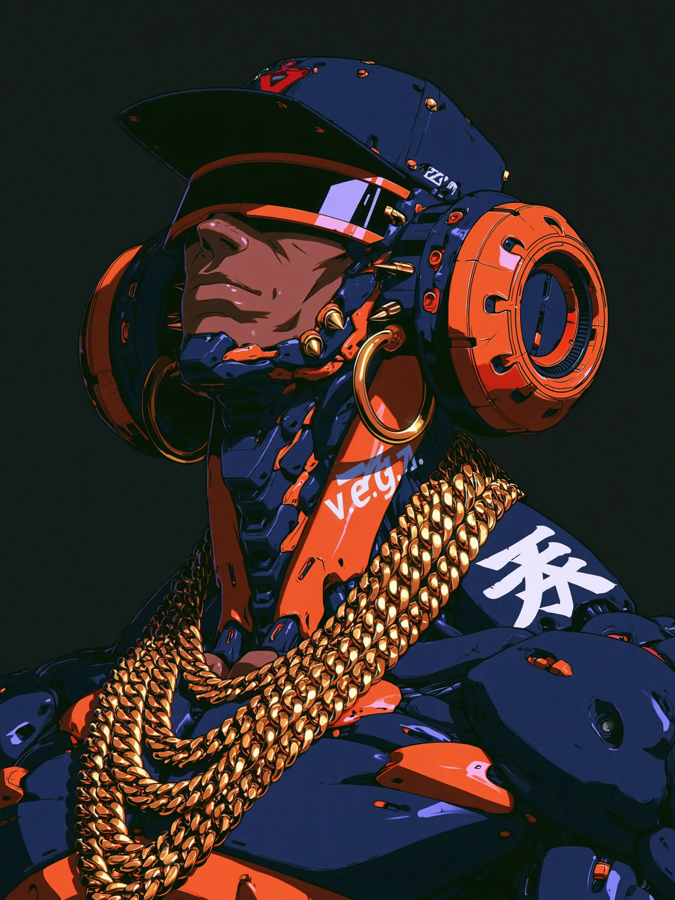 Personaje V.E.G.A. con casco azul, naranja y cadenas doradas